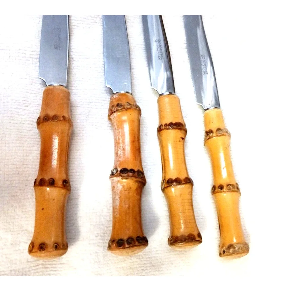 1970's 4 Set Rostfrei Solingen Butter Knives BAMBOO Handle Fruit Rare German VNT